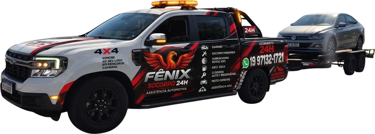 Picape da Fênix rebocando um carro com guincho asa delta